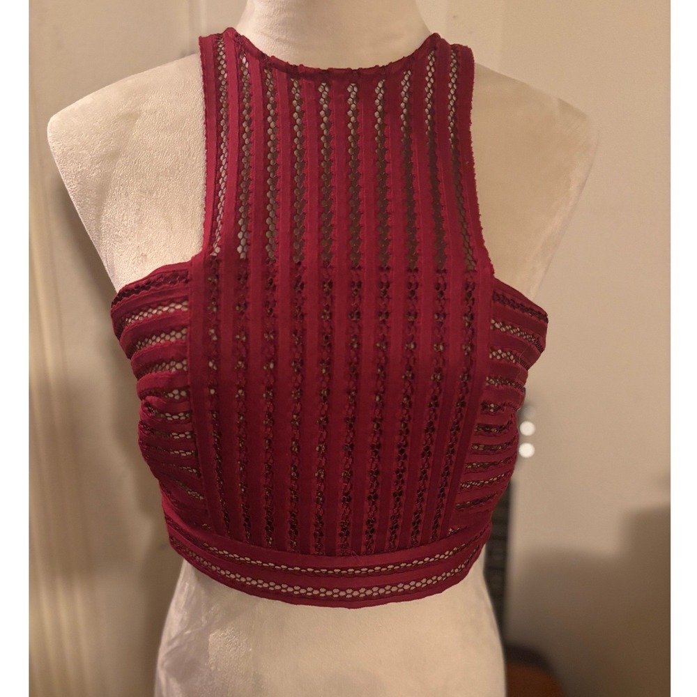 Self-Portrait Burgundy Red Guipure Lace Halter Crop Top Size US 2 UK 6
